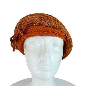 Everett Original Knitted Beret Hat VTG 70s Orange Brown Textured Wool Bow Retro